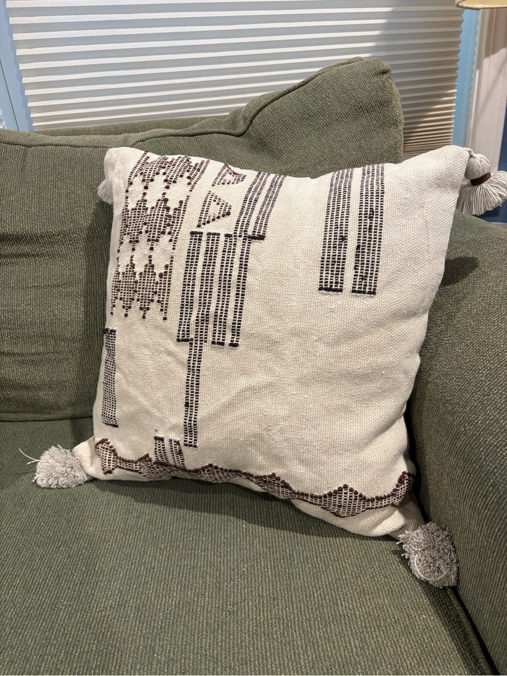 West Elm Cream Decorative Throw Pillow with Brown Geometric Embroidery